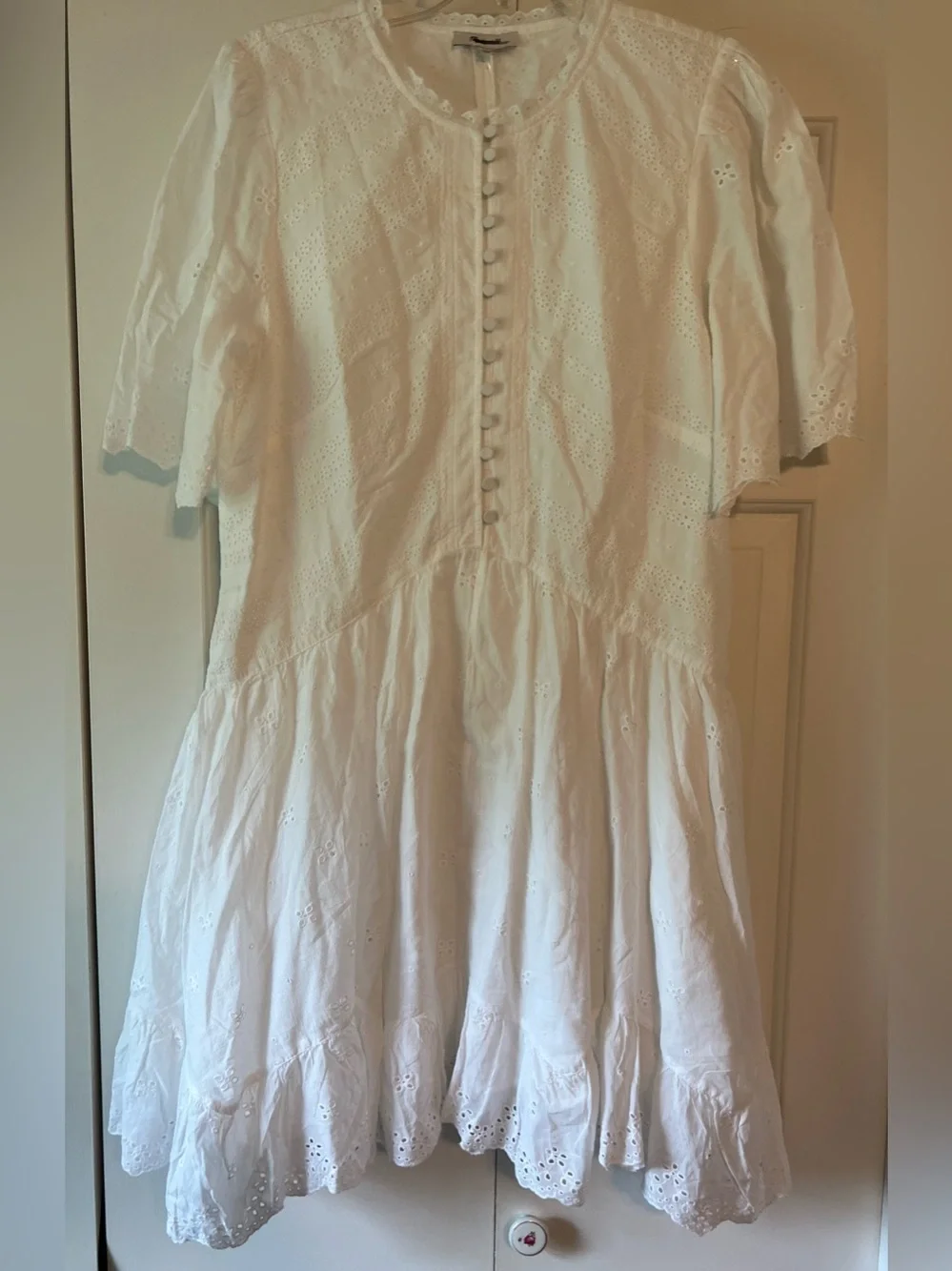 Madewell White Eyelet Flutter Sleeve Midi Dress Hankerchief Hem EUC 12 #2727